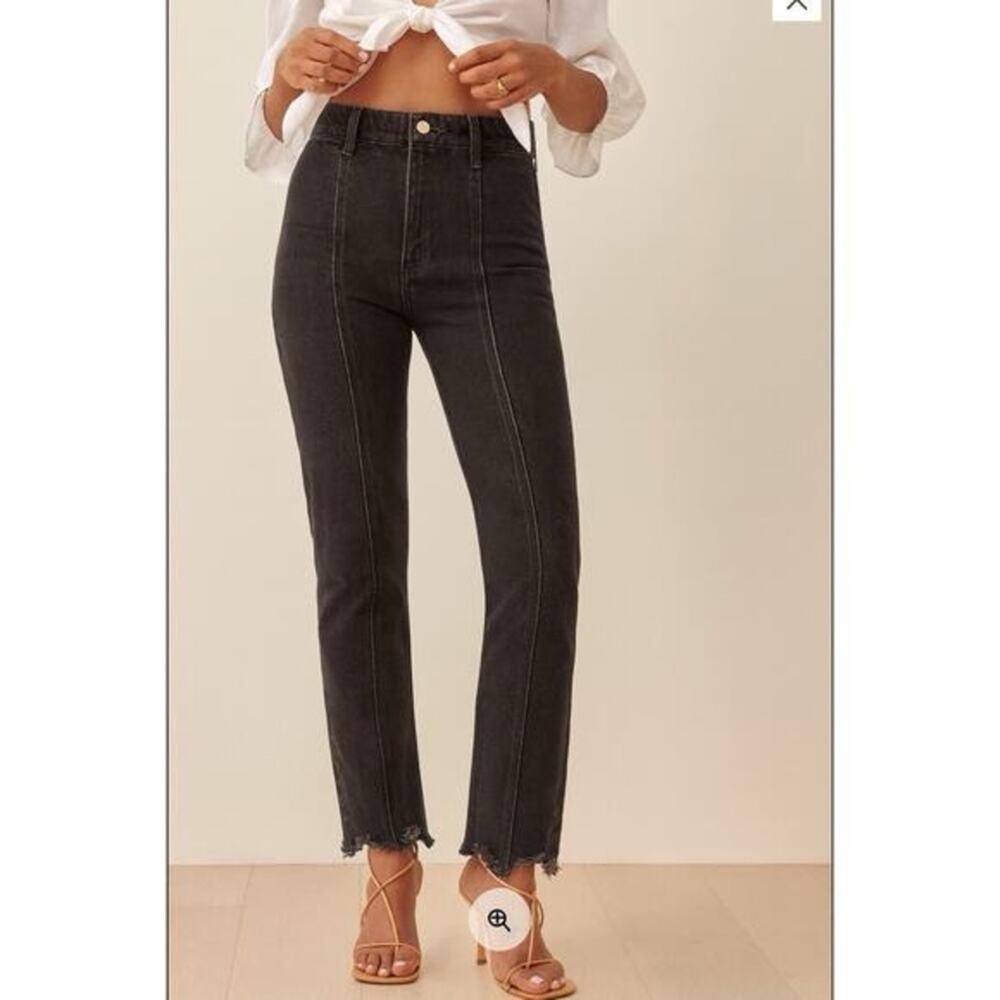 Reformation Amie Seamed Leg Black Wash Jeans Ankle Raw Hem Size 25